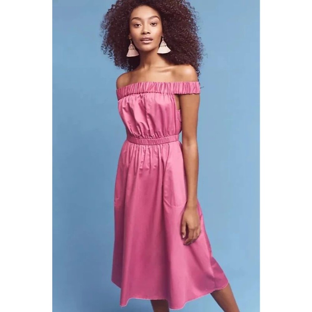 Maeve Anthropologie Mona Pink Off Shoulder Smocked Midi Dress XS